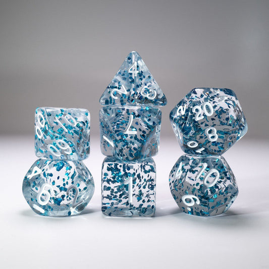 D20 Polyhedral 7 Piece Dice Set - Glitter - Large Flake -Blue