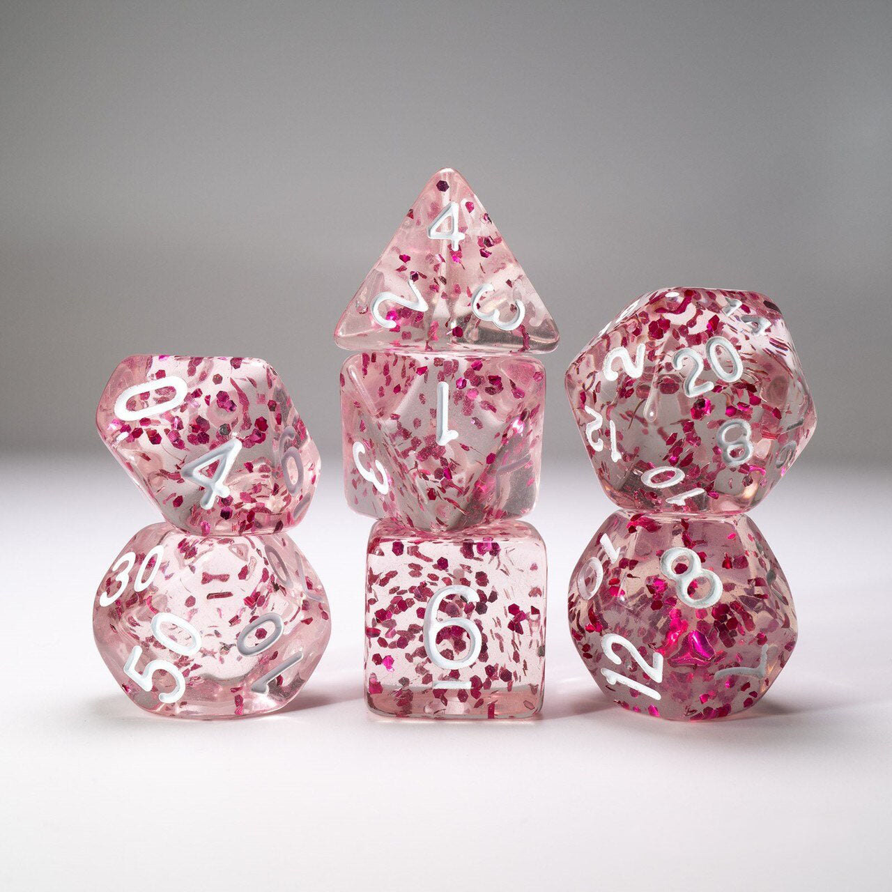 D20 Polyhedral 7 Piece Dice Set - Glitter - Large Flake -Pink