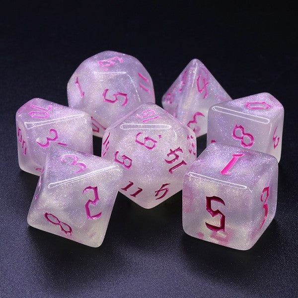 D20 Polyhedral 7 Piece Dice Set - Chaos Font - Thousand Stars - Pink Font