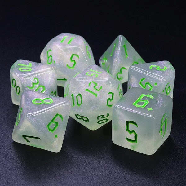 D20 Polyhedral 7 Piece Dice Set - Chaos Font - Thousand Stars - Green Font