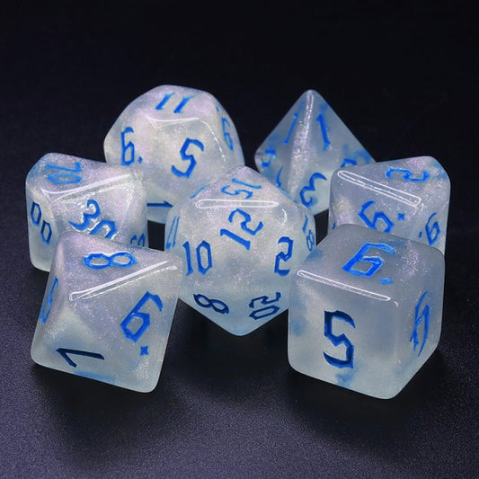 D20 Polyhedral 7 Piece Dice Set - Chaos Font - Thousand Stars - Blue Font