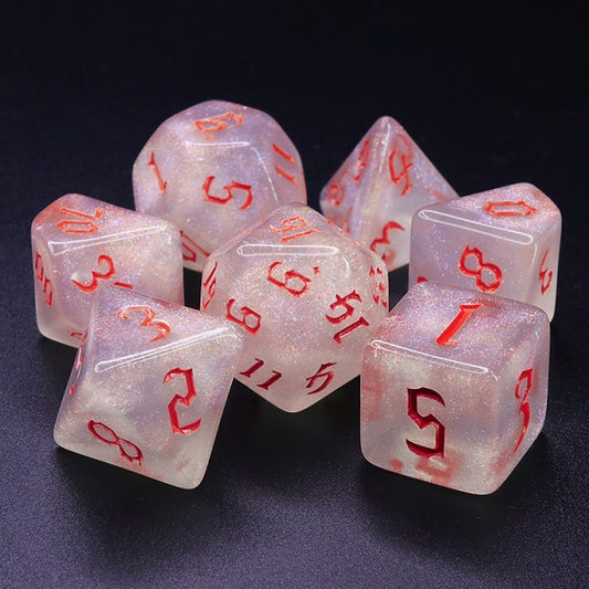 D20 Polyhedral 7 Piece Dice Set - Chaos Font - Thousand Stars - Red Font