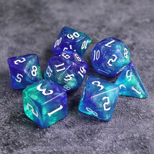 D20 Polyhedral 7 Piece Dice Set - Chaos Font - Mythic - Meteor Storm