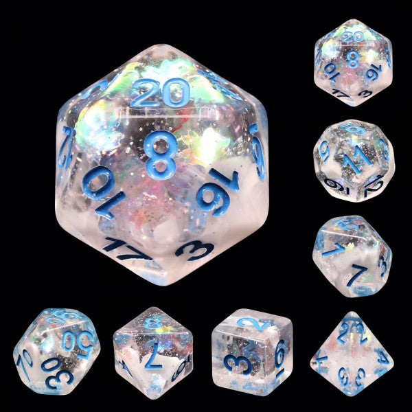 D20 Polyhedral 7 Piece Dice Set - Glitter Flakes - Blue Notes