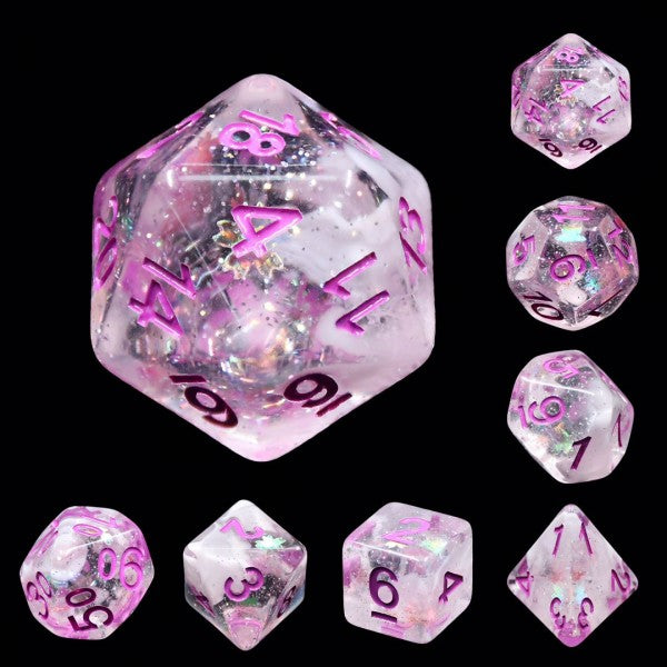 D20 Polyhedral 7 Piece Dice Set - Glitter Flakes - Pink Memory
