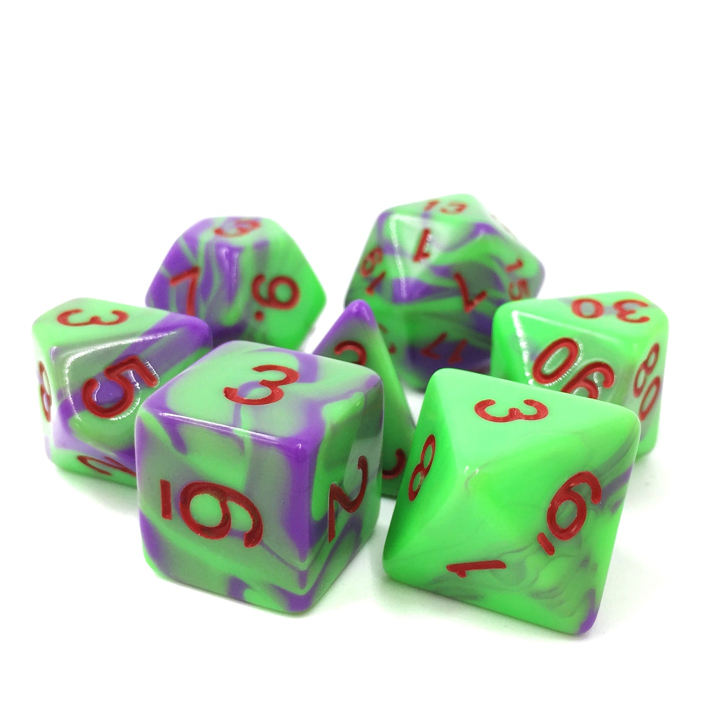 D20 Polyhedral 7 Piece Dice Set - Elemental - Purple/Green - Red Numbers