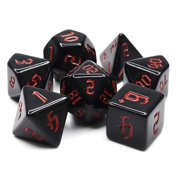D20 Polyhedral 7 Piece Dice Set - Chaos Font - Chondrite Black Red