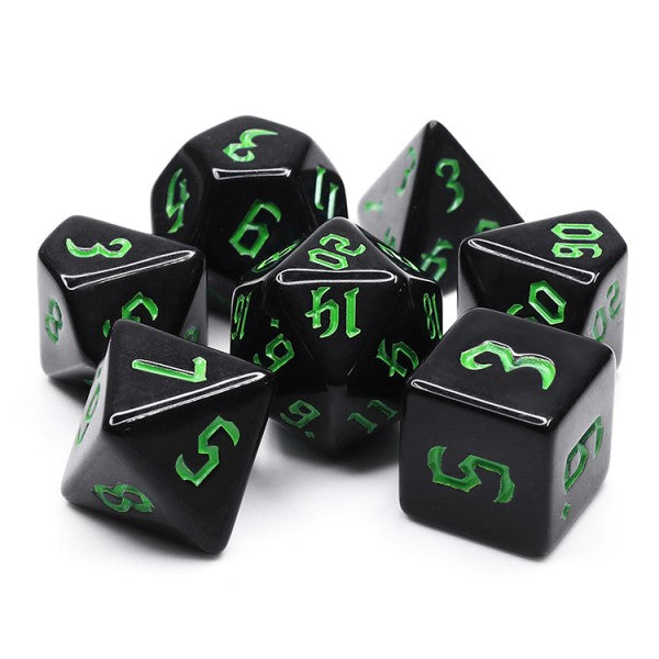 D20 Polyhedral 7 Piece Dice Set - Chaos Font - Chondrite Black Green
