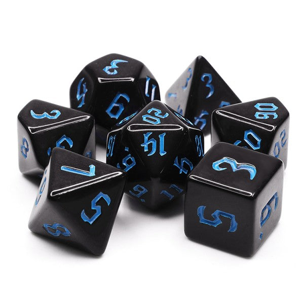 D20 Polyhedral 7 Piece Dice Set - Chaos Font - Chondrite Black Blue