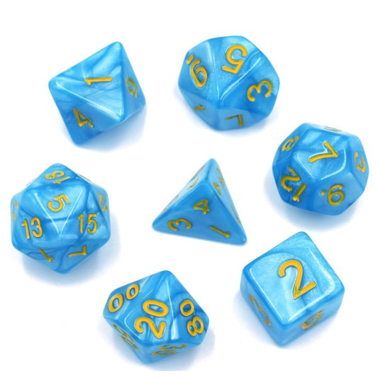 D20 Polyhedral 7 Piece Dice Set - Pearl - Light Blue/Gold