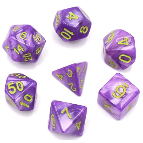 D20 Polyhedral 7 Piece Dice Set - Pearl - Light Purple / Green
