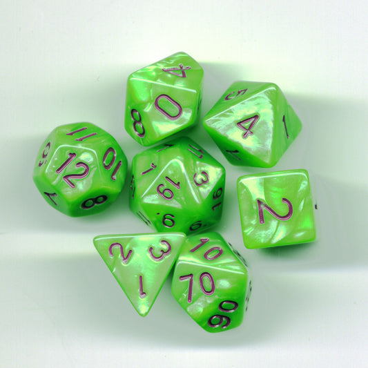 D20 Polyhedral 7 Piece Dice Set - Pearl - Green/Purple
