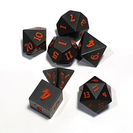 D20 Polyhedral 7 Piece Dice Set - Sharp Edge - Moon Black with Orange