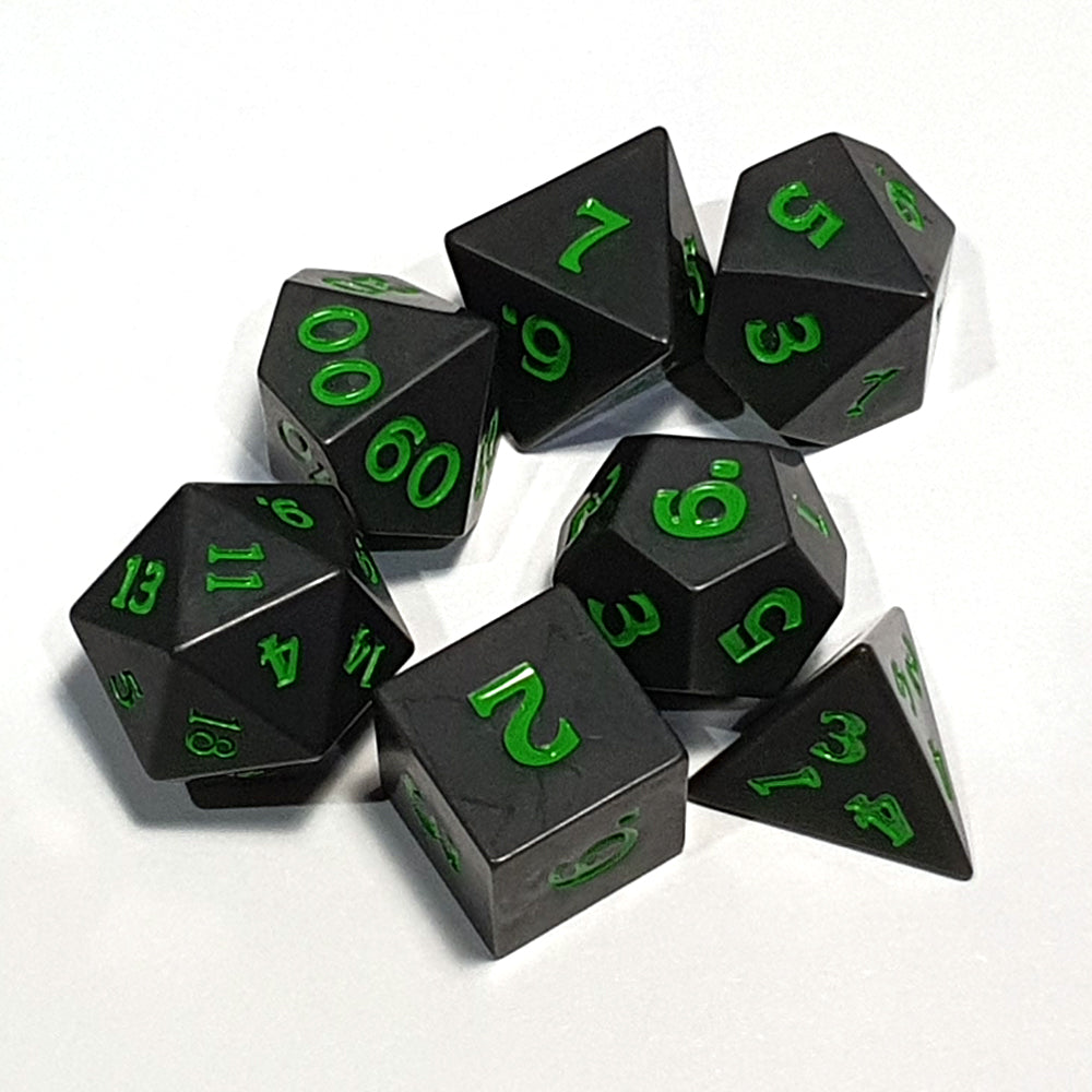 D20 Polyhedral 7 Piece Dice Set - Sharp Edge - Moon Black with Green