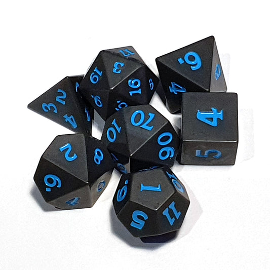 D20 Polyhedral 7 Piece Dice Set - Sharp Edge - Moon Black with Blue