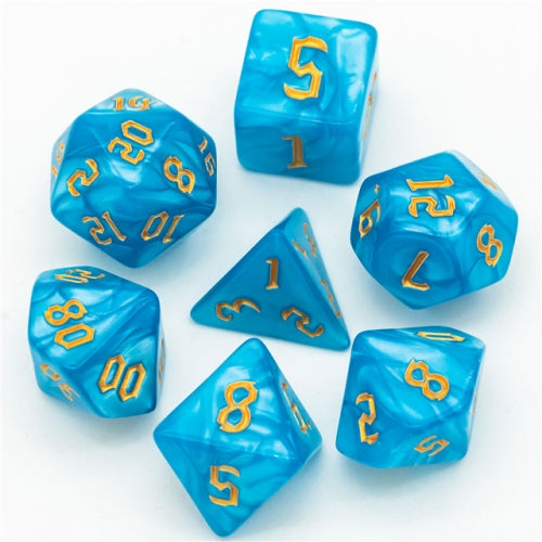 D20 Polyhedral 7 Piece Dice Set - Chaos Font - Macaron Blue