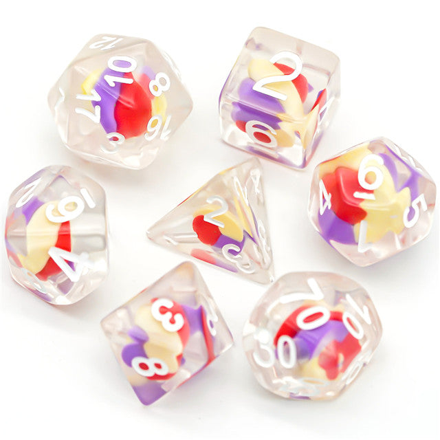 D20 Polyhedral 7 Piece Dice Set - UDIXI Entombed - Cotton Candy - Red/Yellow/Purple