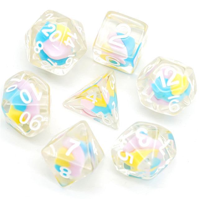 D20 Polyhedral 7 Piece Dice Set - UDIXI Entombed - Cotton Candy - Blue/Pink/Yellow
