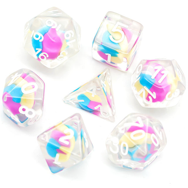 D20 Polyhedral 7 Piece Dice Set - UDIXI Entombed - Cotton Candy - Pink/Blue/Yellow
