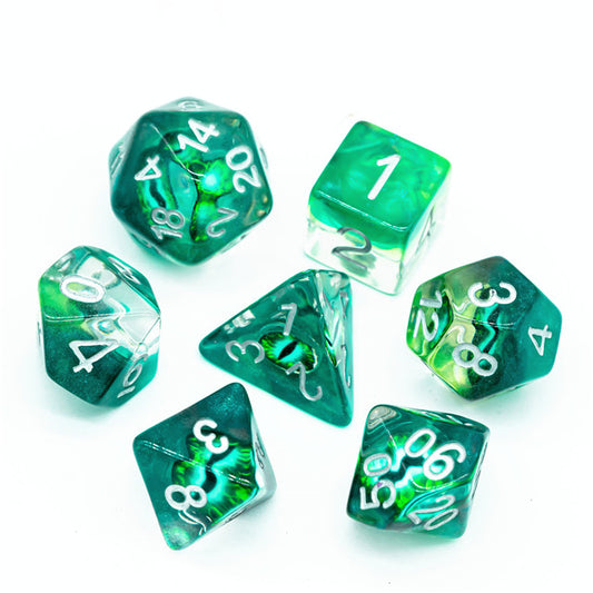 D20 Polyhedral 7 Piece Dice Set - UDIXI Entombed - Demon Eye - Green