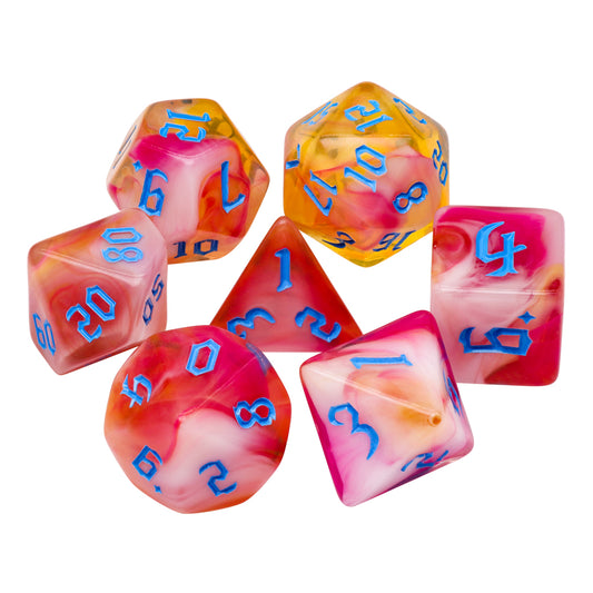 D20 Polyhedral 7 Piece Dice Set - Chaos Font - Marblized - Zinnia Fairy
