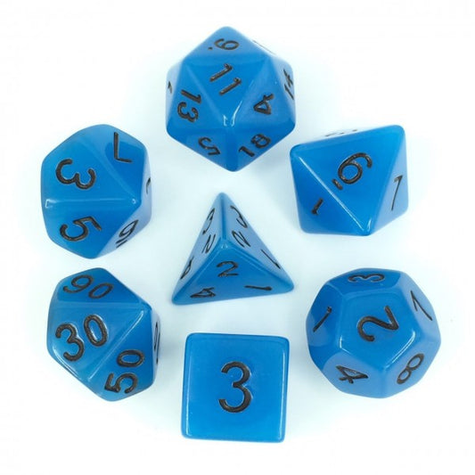 D20 Polyhedral 7 Piece Dice Set - Glow In The Dark - Blue