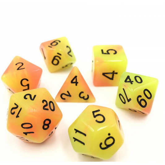 D20 Polyhedral 7 Piece Dice Set - Glow In The Dark - Yellow / Red