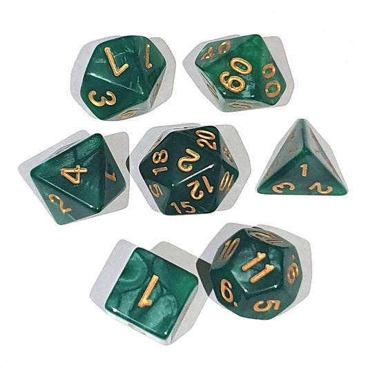 D20 Polyhedral 7 Piece Dice Set - Pearl - Green/Gold