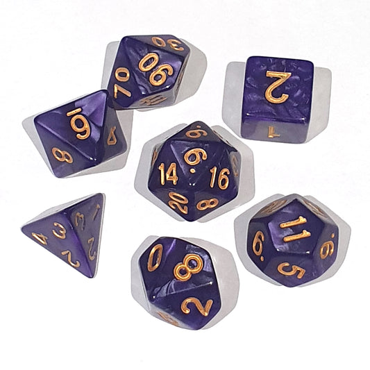 D20 Polyhedral 7 Piece Dice Set - Pearl - Purple/Gold