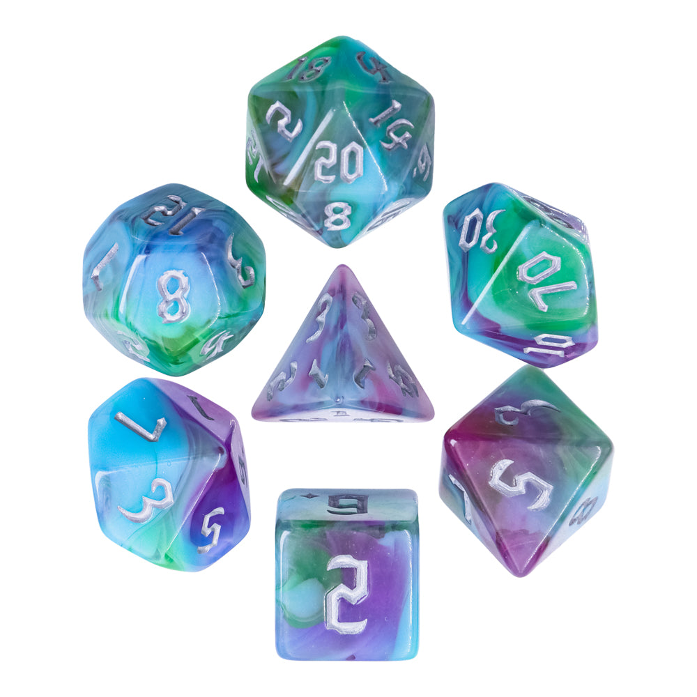 D20 Polyhedral 7 Piece Dice Set - Chaos Font - Marblized -Trails