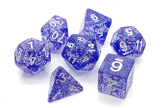 D20 Polyhedral 7 Piece Dice Set - Glitter - Blue Transparent