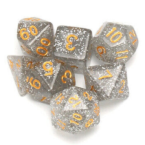 D20 Polyhedral 7 Piece Dice Set - Glitter - Silver