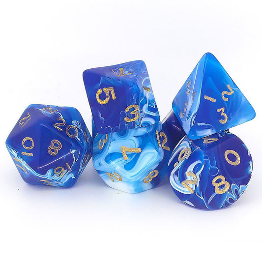 D20 Polyhedral 7 Piece Dice Set - Marble - Blue Porcelain