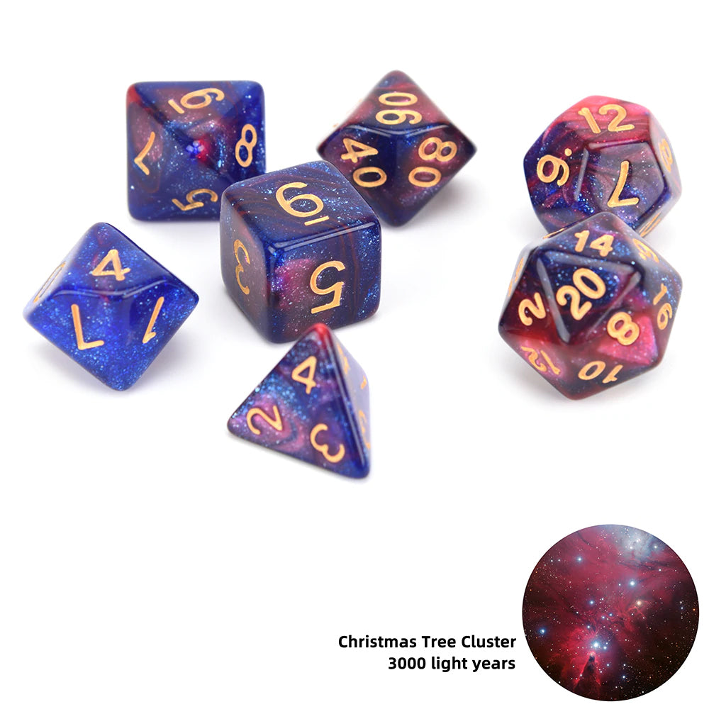 D20 Polyhedral 7 Piece Dice Set - Galaxy / Space - Christmas Tree Cluster