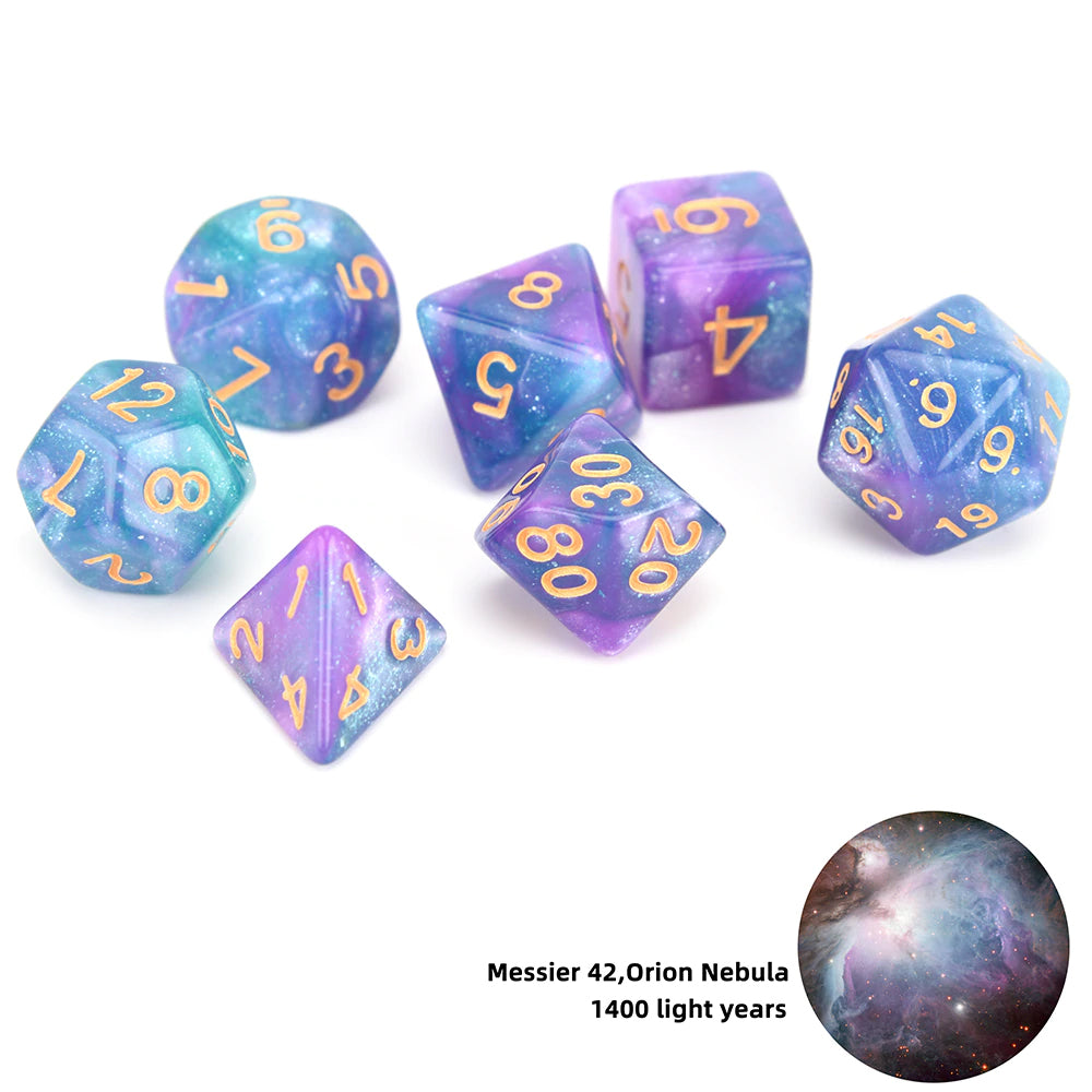 D20 Polyhedral 7 Piece Dice Set - Galaxy / Space - Messer 42, Orion Nebula