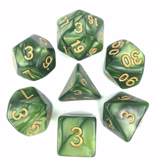 D20 Polyhedral 7 Piece Dice Set - Pearl - Grass Green/Gold