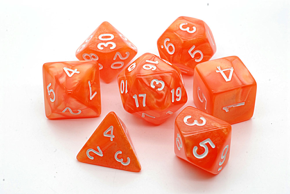 D20 Polyhedral 7 Piece Dice Set - Pearl - Orange/White