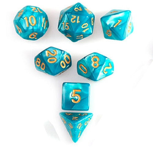 D20 Polyhedral 7 Piece Dice Set - Pearl - Lake Blue / Gold